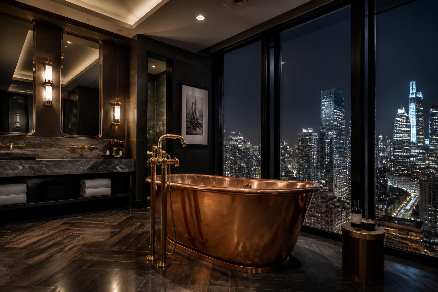 A Sanctity copper tub installed in a penthouse bathroom
