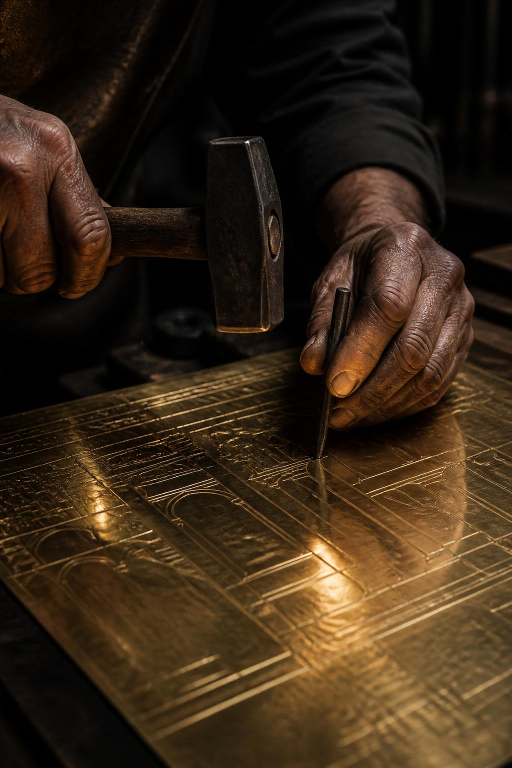 A Sanctity artisan chases a brass sheet by hand